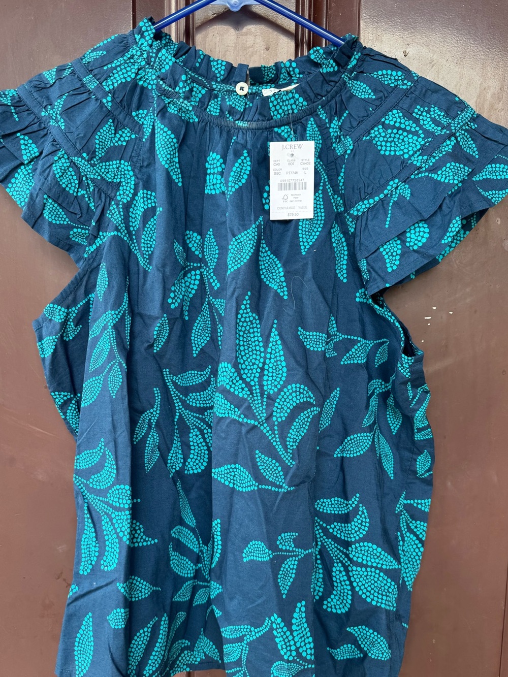 J. Crew Navy Blouse with Teal Leaf Print